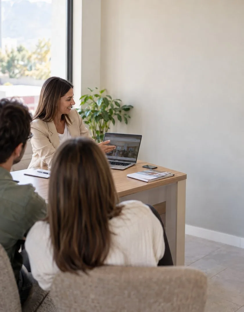 Una corredora inmobiliaria le muestra una propiedad en la notebook a una pareja, en su oficina