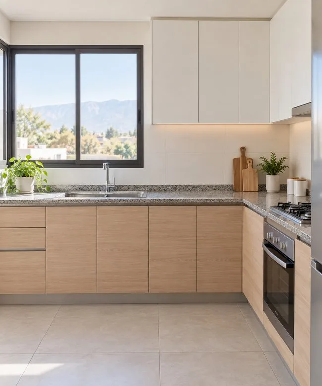 Cocina de un departamento, con la precordillera por la ventana