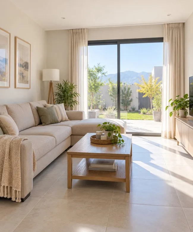 Living luminoso de una casa, con ventanal al jardín