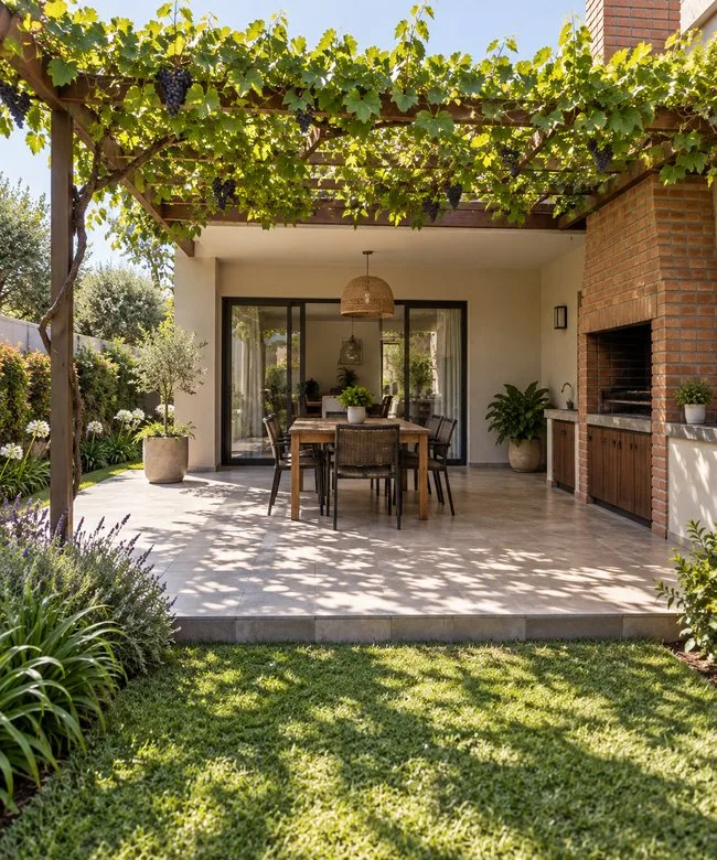 Patio con galería, parrilla y una parra sobre la pérgola
