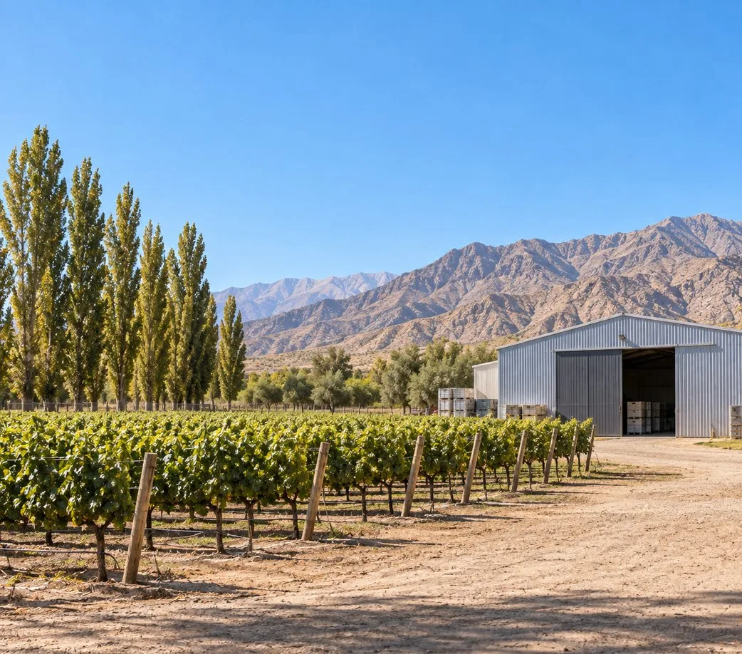 Finca con viñedo, una fila de álamos y un galpón rural de chapa