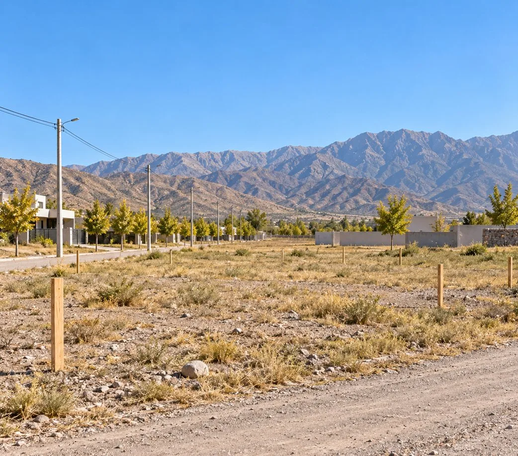 Lote baldío en un loteo nuevo, con estacas de madera y la cordillera al fondo