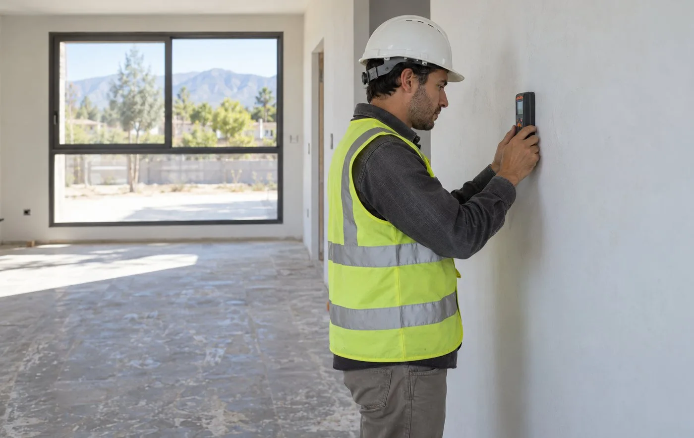 Un inspector con casco revisa el estado constructivo de una casa vacía