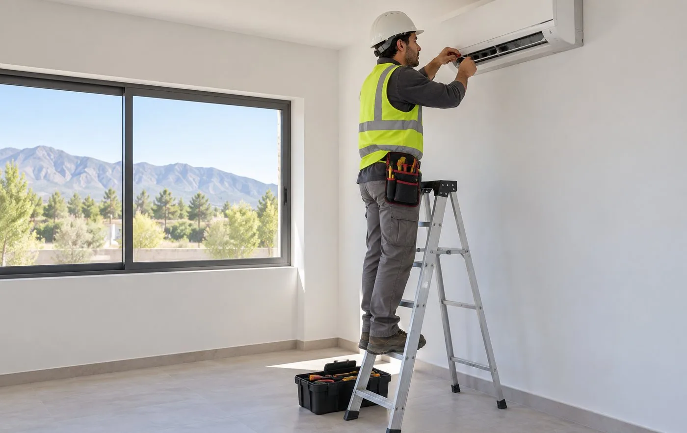 Un electricista instala un aire acondicionado split en una habitación recién pintada