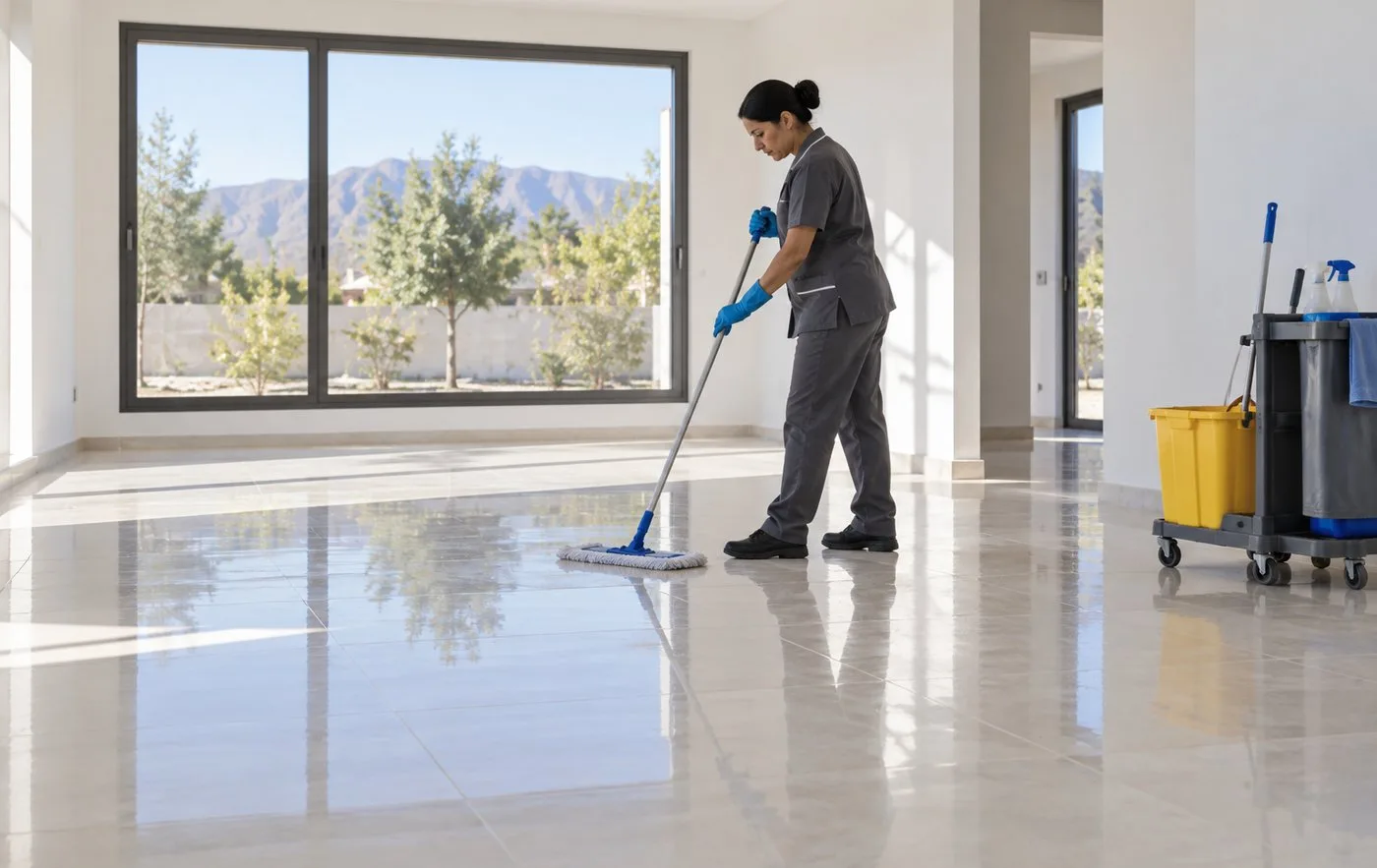 Una persona del equipo de limpieza repasa el piso del living antes de la mudanza