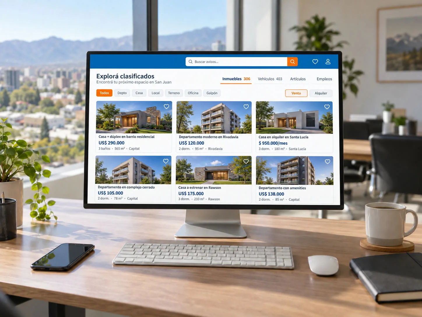 Monitor en una oficina inmobiliaria mostrando un listado de propiedades publicadas
